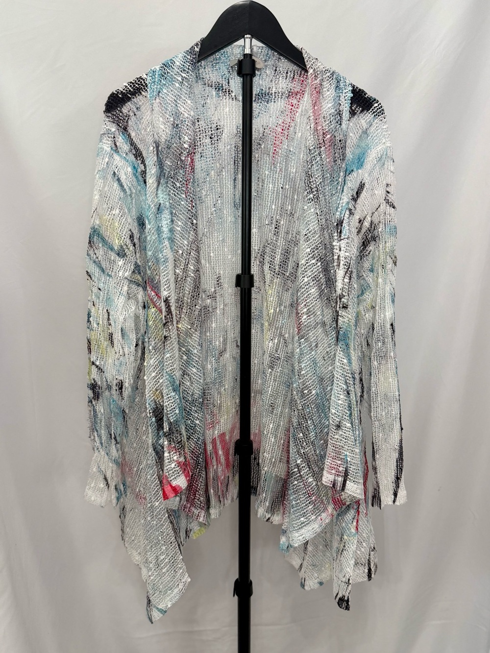 Jess & Jane Lightweight Open-Front Cardigan in White w MultiColor Paint Splatter
